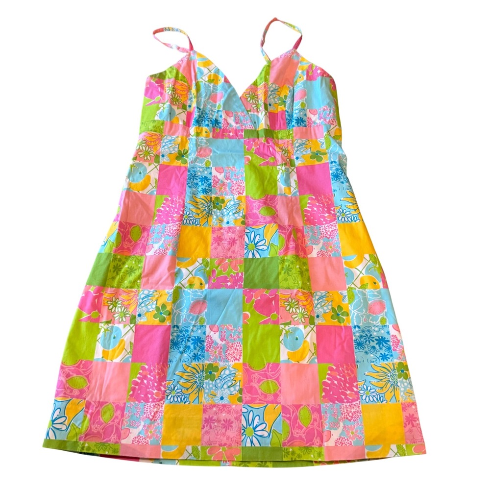 Vintage 90's Lilly Pulitzer Patchwork Mini Dress 12 Pink Floral Spagetti Strap